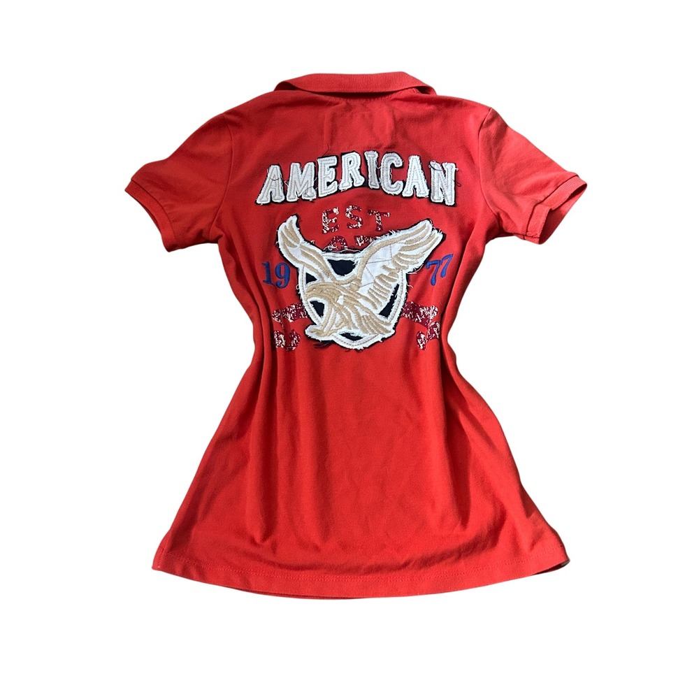American Eagle Outfitters Red Graphic Back Polo Shirt Womens Medium Short Sleeve